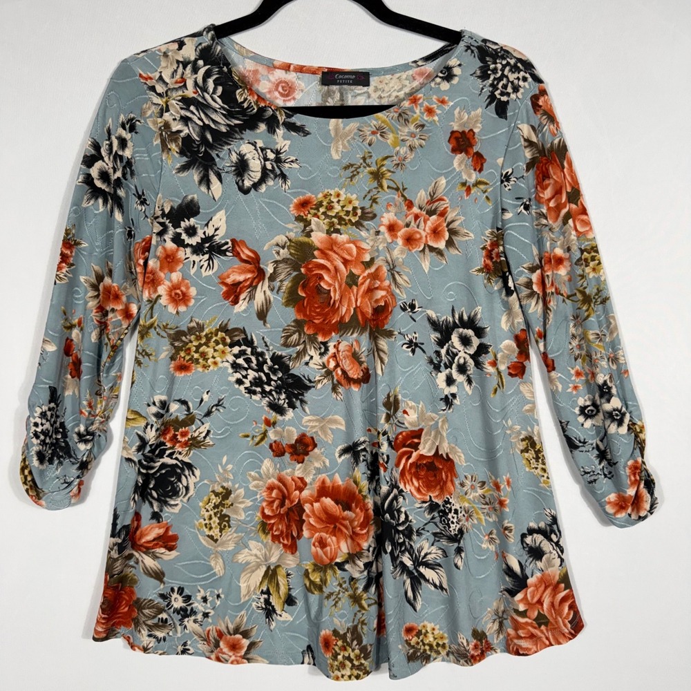 Vtg Y2K Cocomo Petite Floral Top S Blue Ruched 3/4 Sleeve Cottagecore Boho Shirt